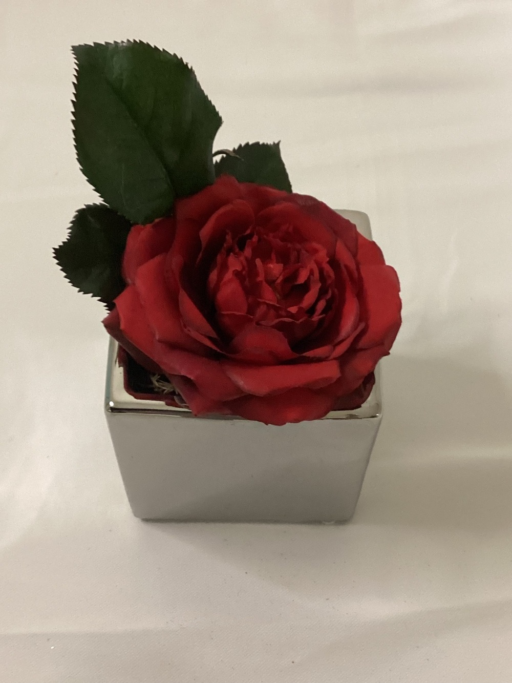 Red Rose Faux Flower in Silver Cube Vase - Home Accents